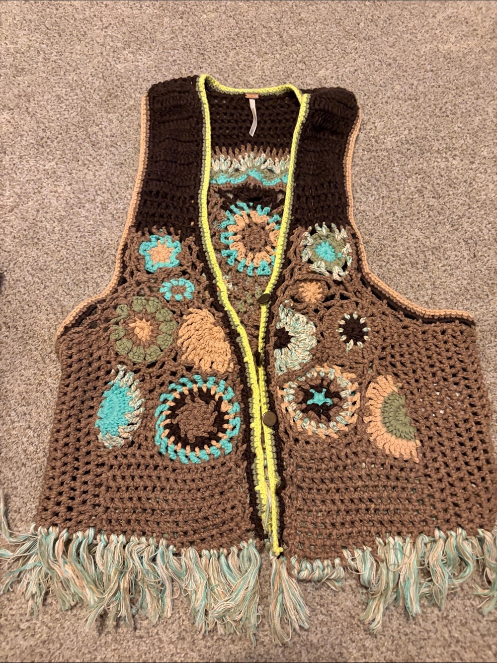 Free People Brown Crochet Fringe Vest with Turquoise & Tan Accents